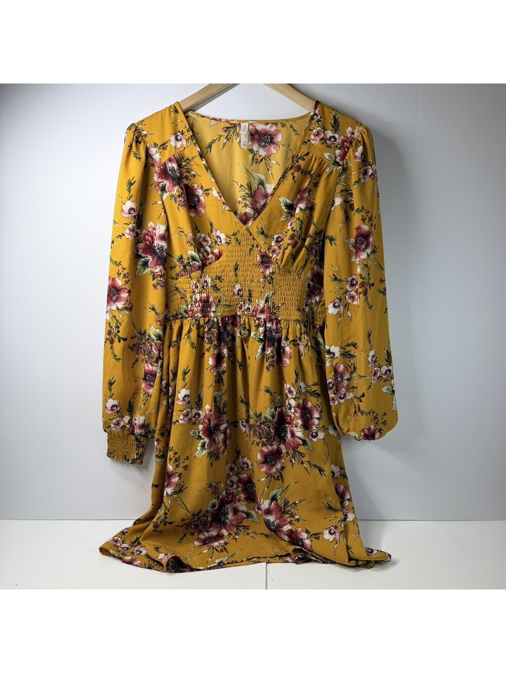 Xhilaration Floral Dress Size S Mustard Yellow Smocked Waist Long Sleeve Boho